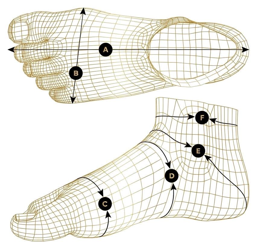 Handsole foot measurement CAD drawing showing top and side views with measurement points A through F