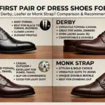 Comparison guide for men's first dress shoes: Oxford, Derby, Loafer, and Monk Strap