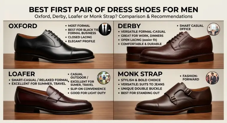 Comparison guide for men's first dress shoes: Oxford, Derby, Loafer, and Monk Strap