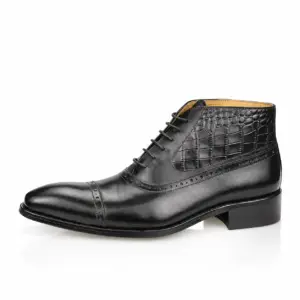 Brown & Black Croc-Embossed Cap-Toe Ankle Boot — leather boots for men detail