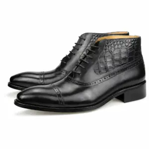 Brown & Black Croc-Embossed Cap-Toe Ankle Boot — leather boots for men detail