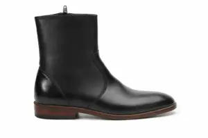 Black leather ankle boot side profile with plain toe