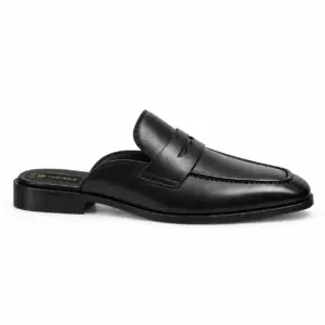 Black leather backless penny loafer for men, opposite side view