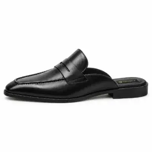 Black leather backless penny loafer for men, side view