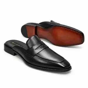 Black leather backless penny loafer for men, leather sole view