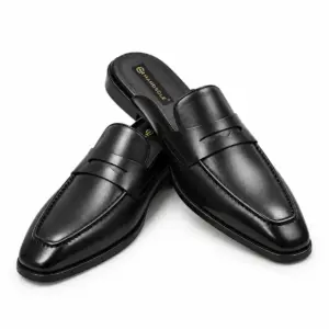 Black leather backless penny loafers for men, pair view