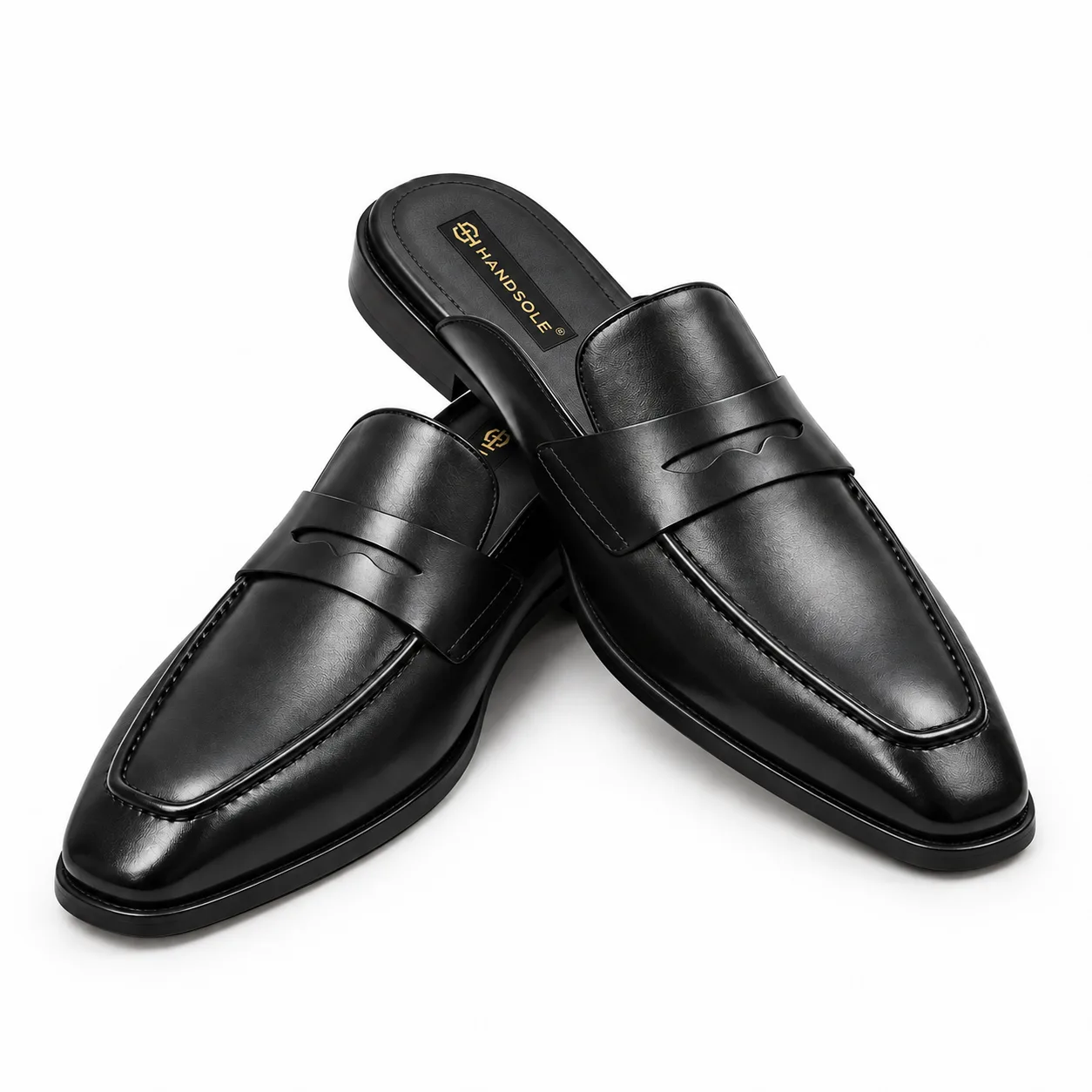 Black leather backless penny loafers with square-toe fronts and open heels