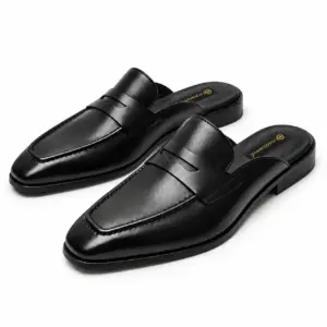 Black leather backless penny loafers for men, three-quarter view