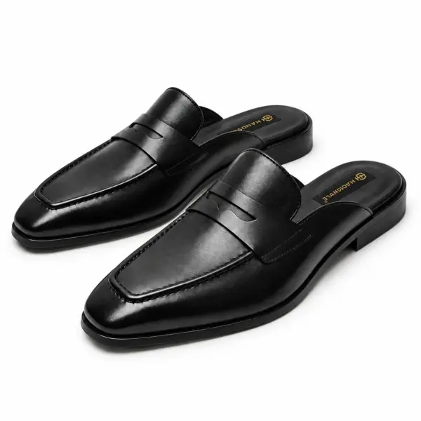 Black leather backless penny loafers for men, three-quarter view