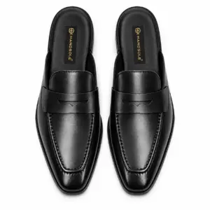 Black leather backless penny loafers for men, top view
