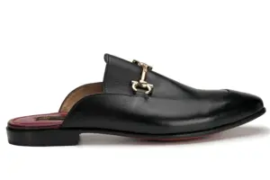 Black Leather Horsebit Mule — gold horsebit side view