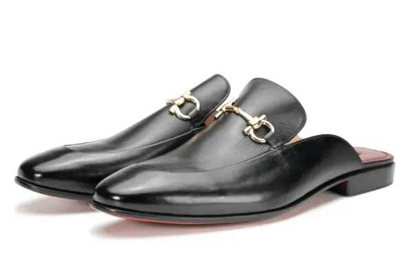 Black Leather Horsebit Mule — pair view