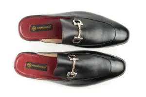 Black Leather Horsebit Mule — top view