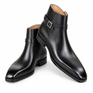 Black leather Jodhpur boots for men, three-quarter view