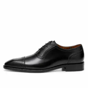 Black leather quarter-brogue cap toe Oxford shoe for men, opposite side view