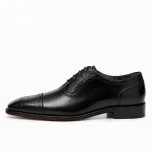Black leather quarter-brogue cap toe Oxford shoe for men, side view