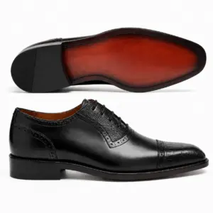 Black leather quarter-brogue cap toe Oxford shoe for men, leather sole view