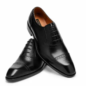Black leather quarter-brogue cap toe Oxford shoes for men, pair view