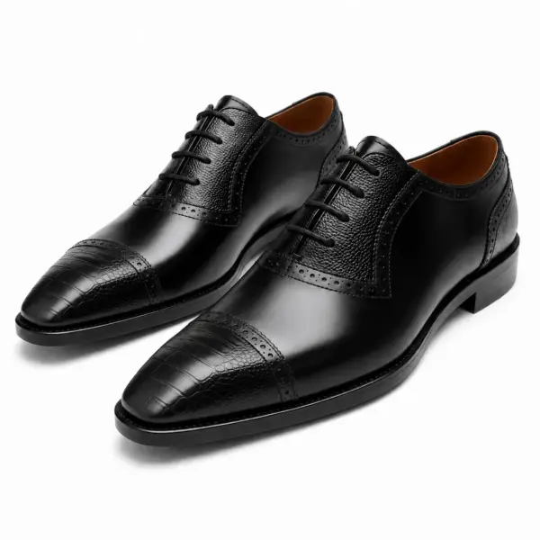 Black leather quarter-brogue cap toe Oxford shoes for men, three-quarter view