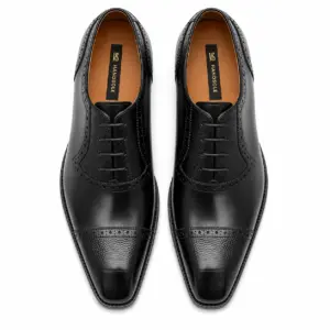 Black leather quarter-brogue cap toe Oxford shoes for men, top view