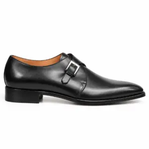 Black leather single monk strap dress shoe for men, opposite side view