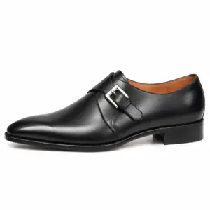 Black leather single monk strap dress shoe for men, side view
