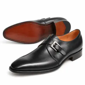 Black leather single monk strap dress shoe for men with leather sole view