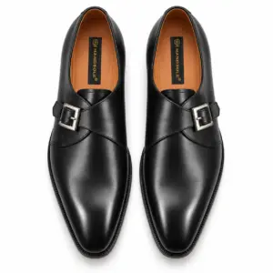 Black leather single monk strap dress shoes for men, top view