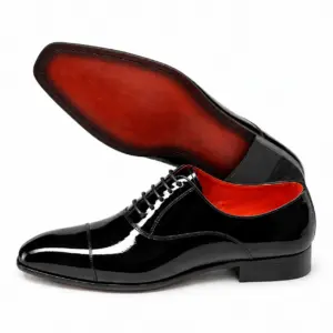 Black patent leather cap toe Oxford shoe for men, leather sole view