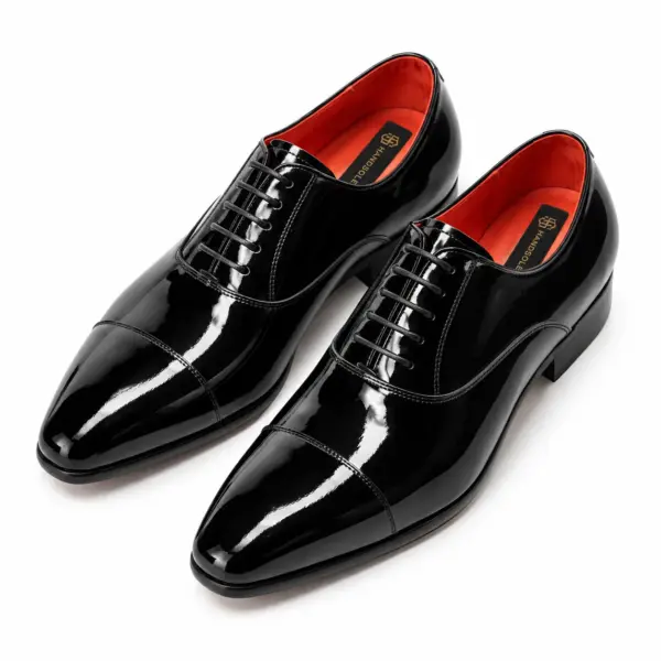 Black patent leather cap toe Oxford shoes for men, pair view