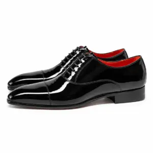 Black patent leather cap toe Oxford shoes for men, side view