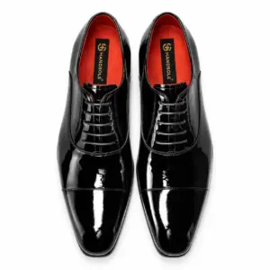 Black patent leather cap toe Oxford shoes for men, top view