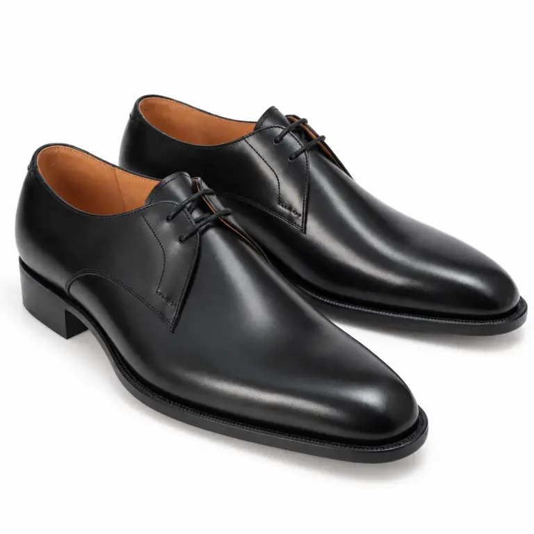Black smooth leather plain toe Derby shoes for men, pair view