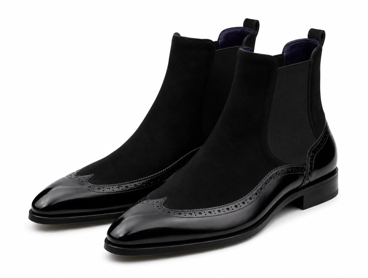 Black suede Chelsea boots by Handsole showing the elastic-sided ankle boot construction
