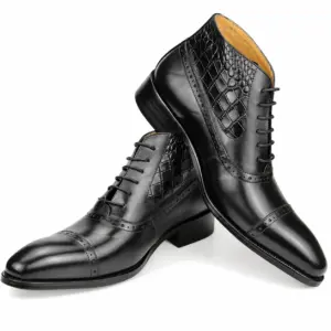 Brown & Black Croc-Embossed Cap-Toe Ankle Boot — leather boots for men detail