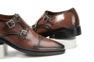 Brown Burnished Double Monk Strap Dress Shoe — double monk strap shoes detail