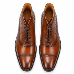 Brown & Black Croc-Embossed Cap-Toe Ankle Boot — leather boots for men detail