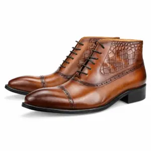Brown & Black Croc-Embossed Cap-Toe Ankle Boot — leather boots for men