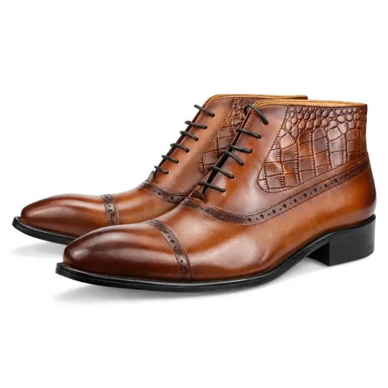Brown & Black Croc-Embossed Cap-Toe Ankle Boot — leather boots for men