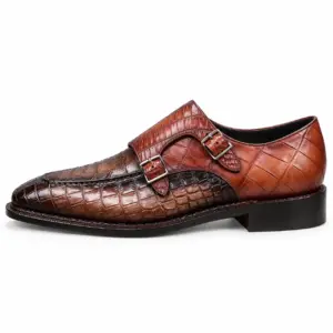 Brown croc-embossed double monk strap shoe for men, buckle side view
