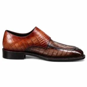 Brown croc-embossed double monk strap shoe for men, opposite side view