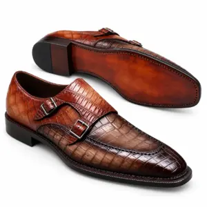 Brown croc-embossed double monk strap shoe for men, leather sole view