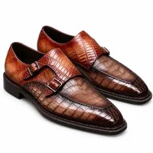 Brown croc-embossed double monk strap shoes for men, pair view