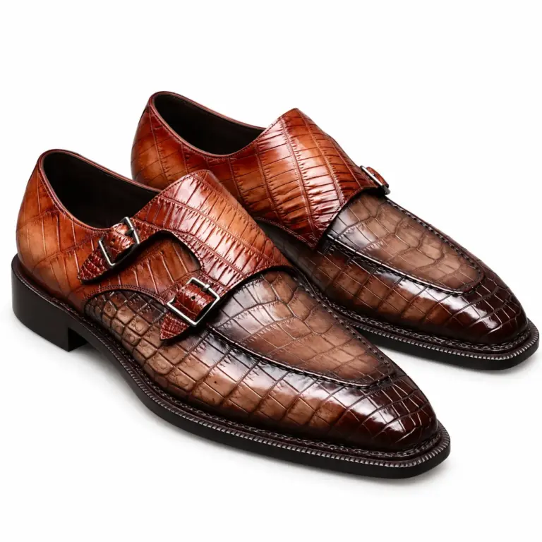 Brown croc-embossed double monk strap shoes for men, pair view