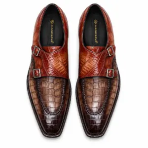 Brown croc-embossed double monk strap shoes for men, top view