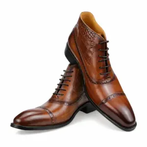 Brown & Black Croc-Embossed Cap-Toe Ankle Boot — leather boots for men detail