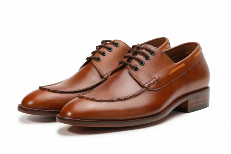 Brown leather Derby shoes by Handsole showing open lacing with the quarters over the vamp