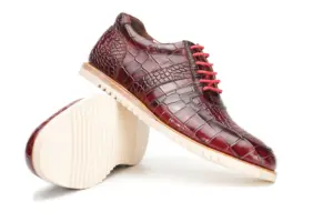 Burgundy Croc-Embossed Casual Lace-Up — cream rubber sole detail