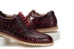 Burgundy Croc-Embossed Casual Lace-Up — three-quarter view