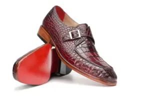 Burgundy Croc-Embossed Single Monk Strap Shoe — leather outsole angle